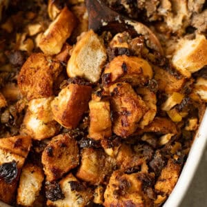 sage and sausage stuffing in a baking dish.