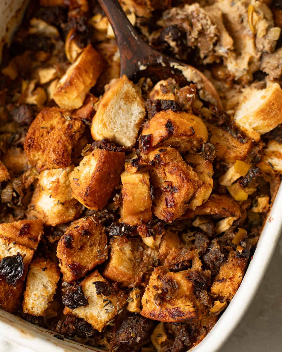 sage and sausage stuffing in a baking dish. 