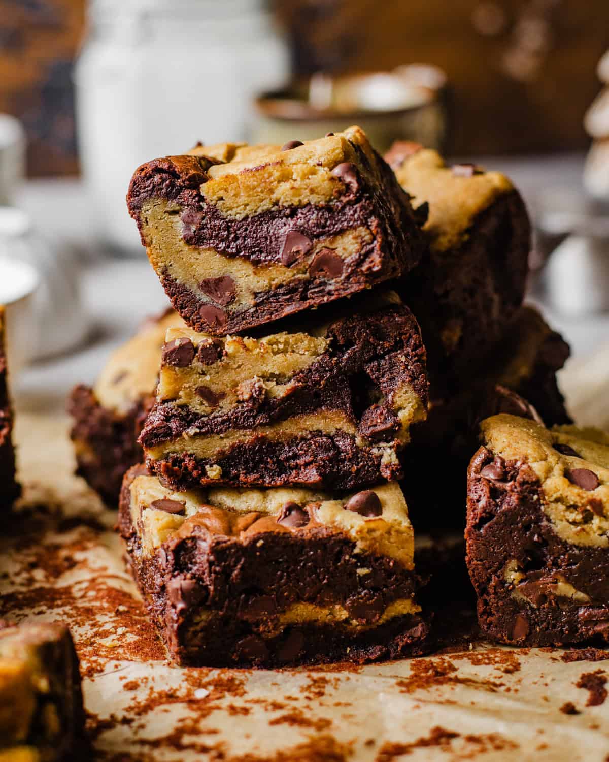 brookies sliced into squares and stacked on top of each other.