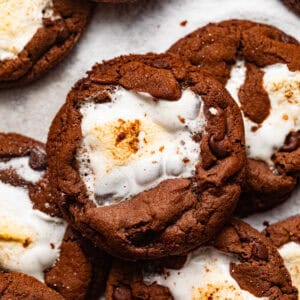 hot cocoa cookies laid on a flat white surface.