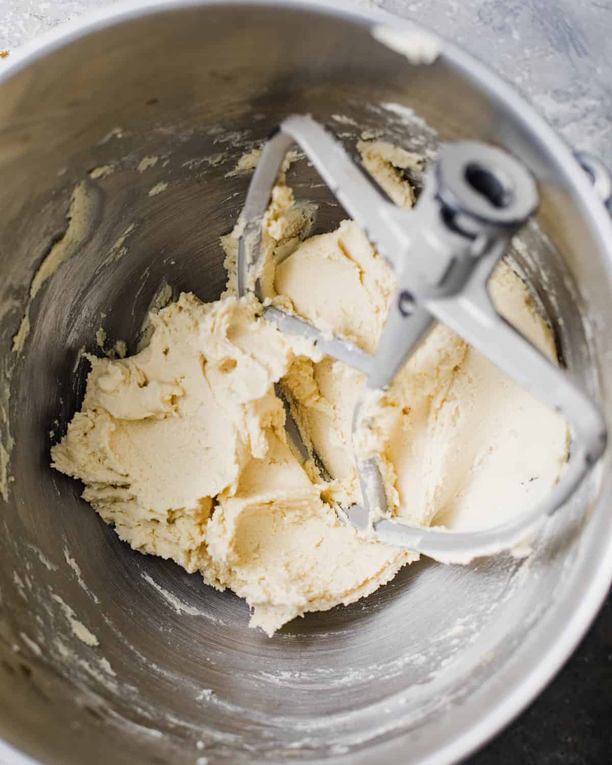 almond shortbread cookie dough in a mixing bowl. 
