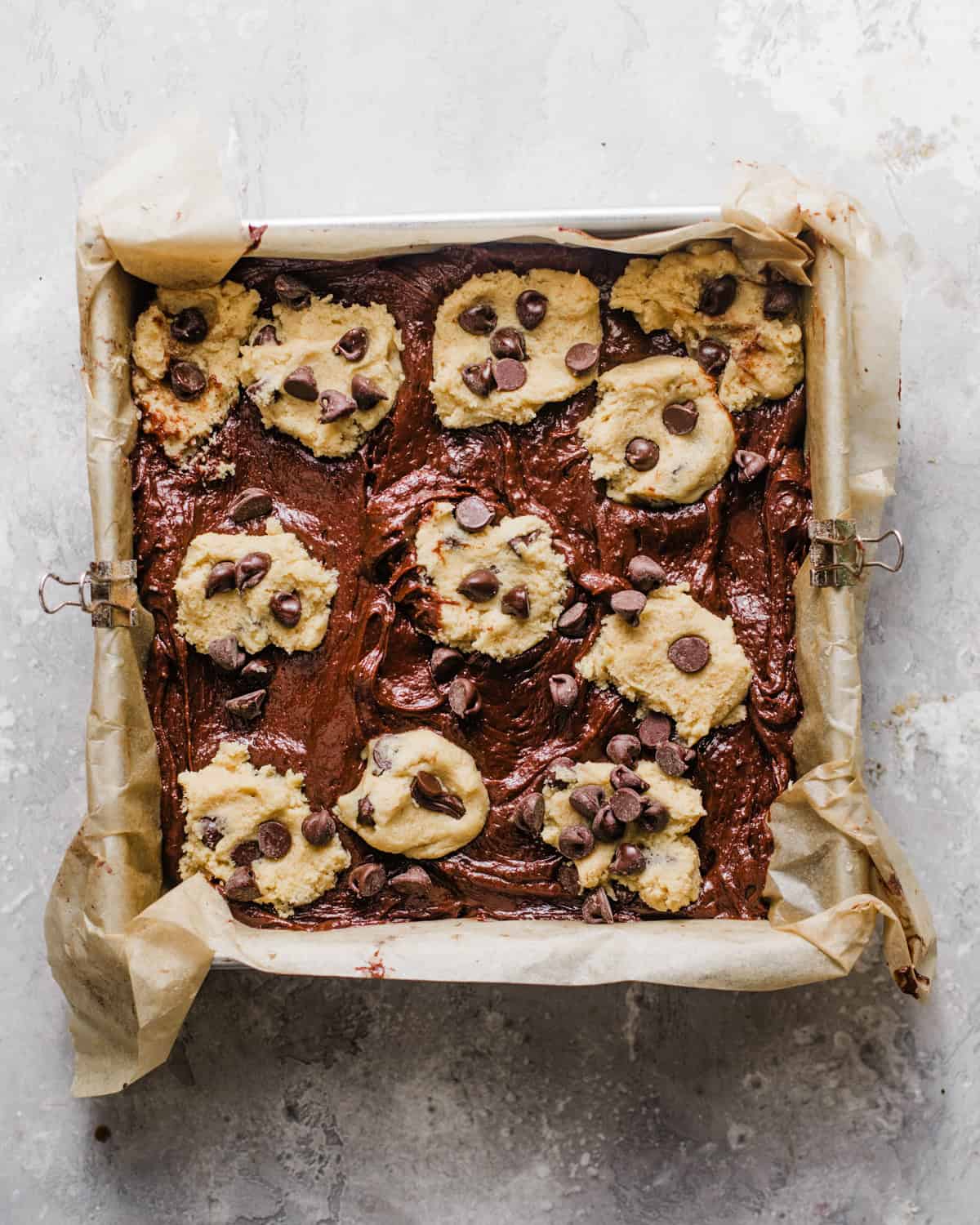 brookies assembled in a baking pan. 