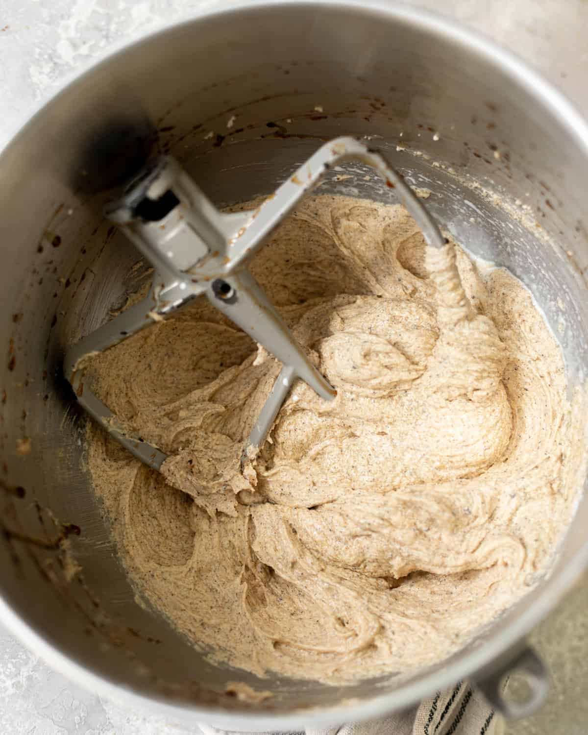 browned butter, brown sugar, and sugar creamed together in the bowl of a stand mixer.