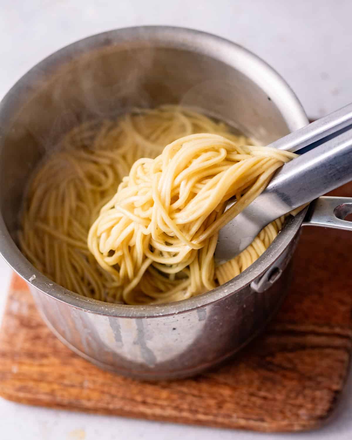 noodles boiled until al dente in a small pot. 