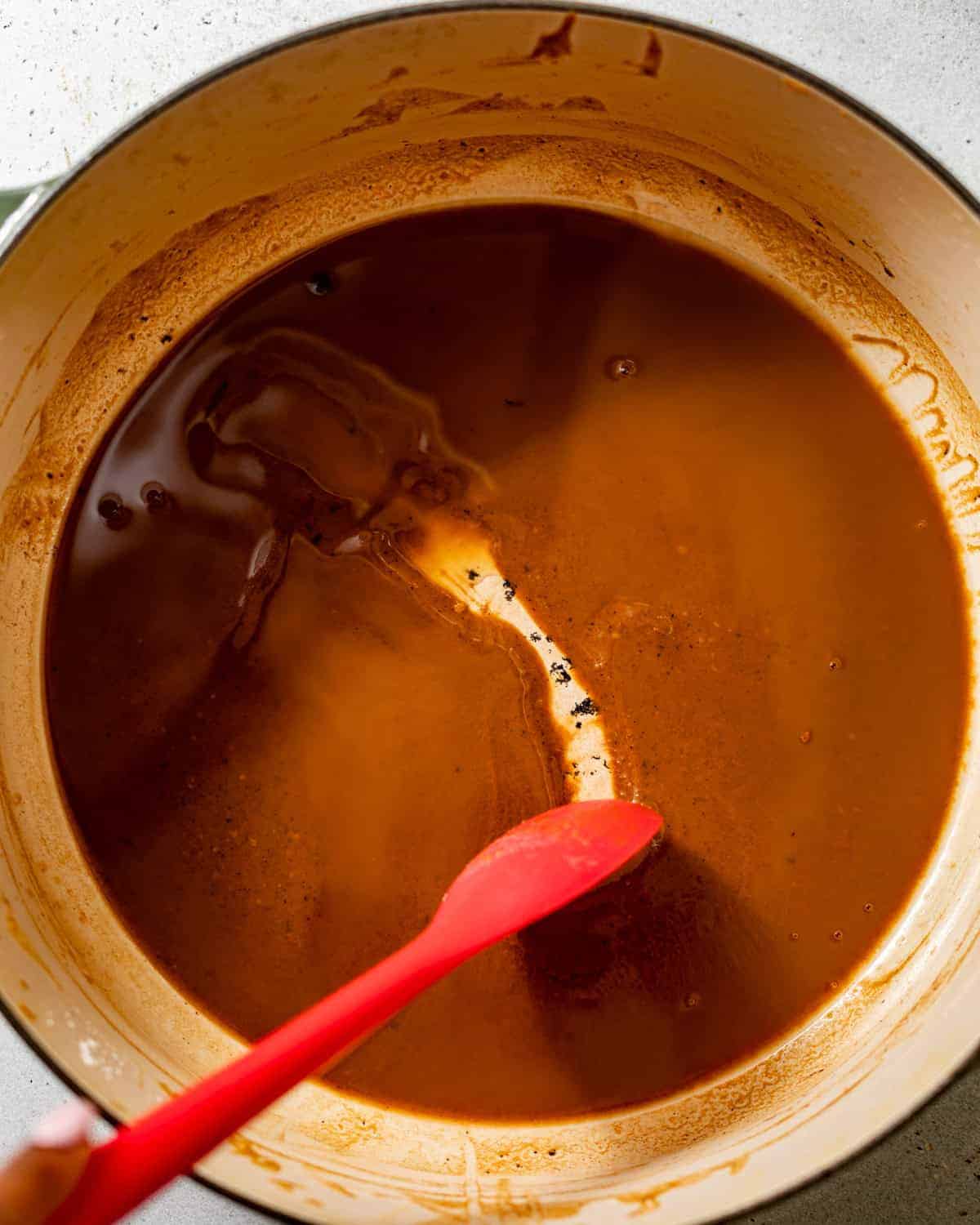dark roux in a pot.