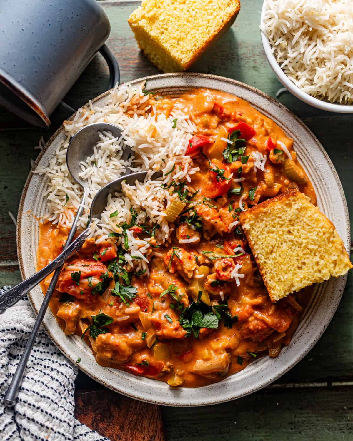 crawfish etouffee on a plate with rich and cornbread.