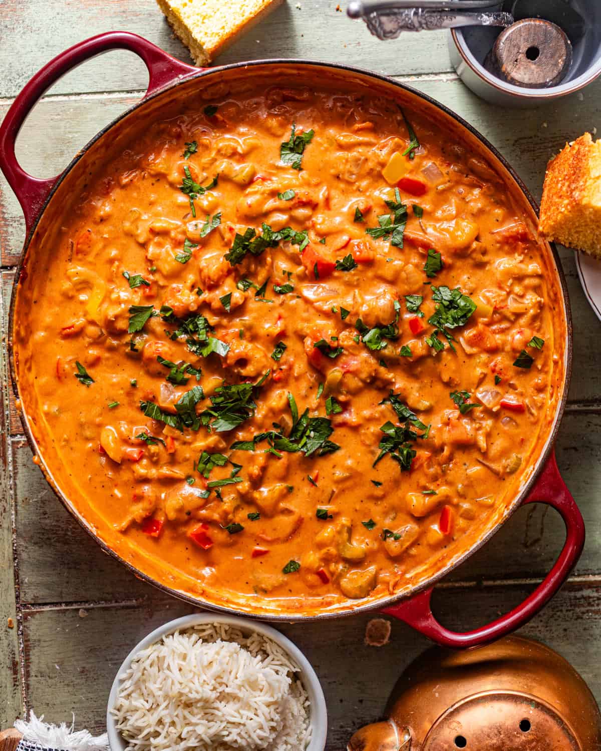 crawfish etouffee in a pot garnished with fresh parsley. 