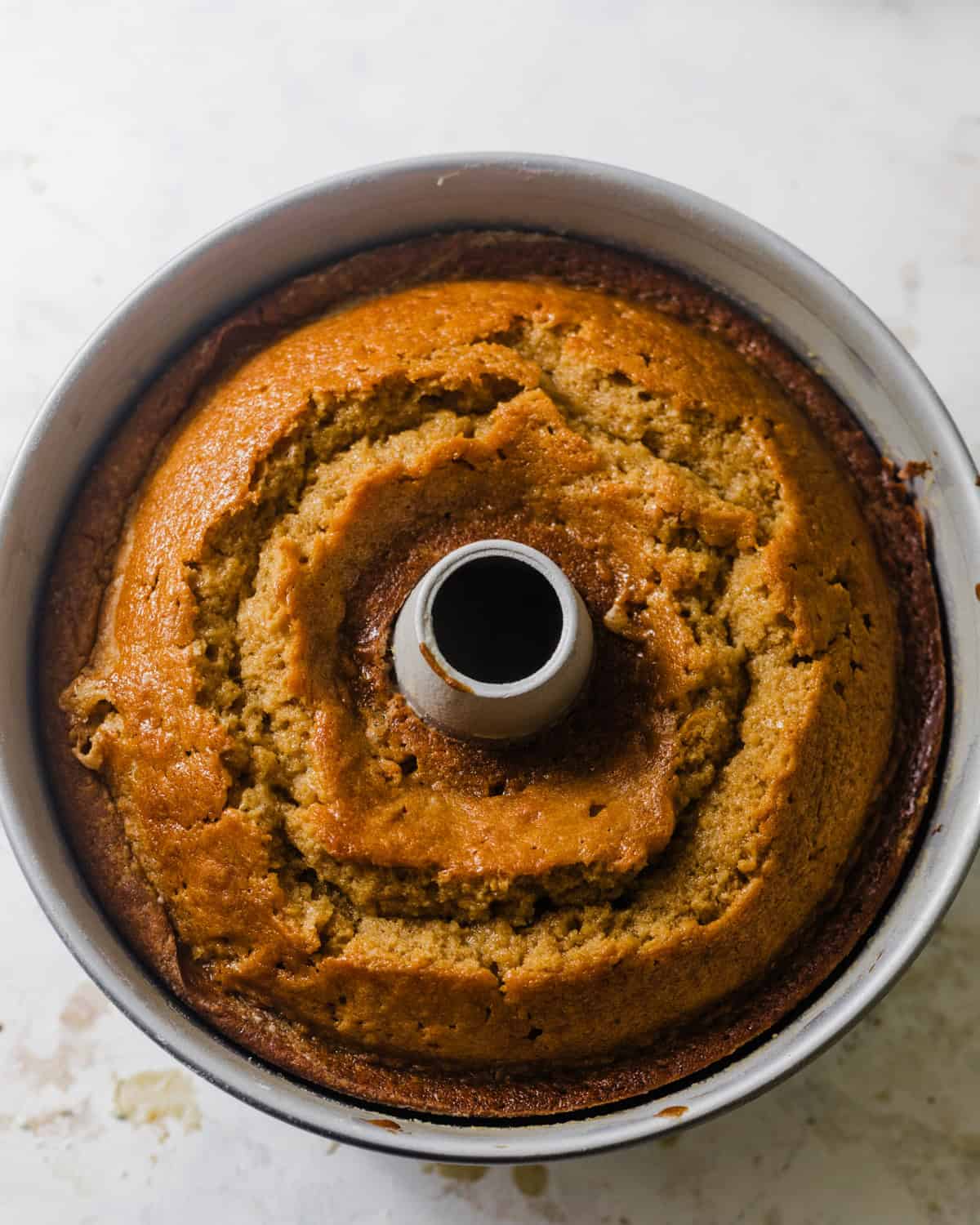 baked burnt sugar cake in a tube pan. 