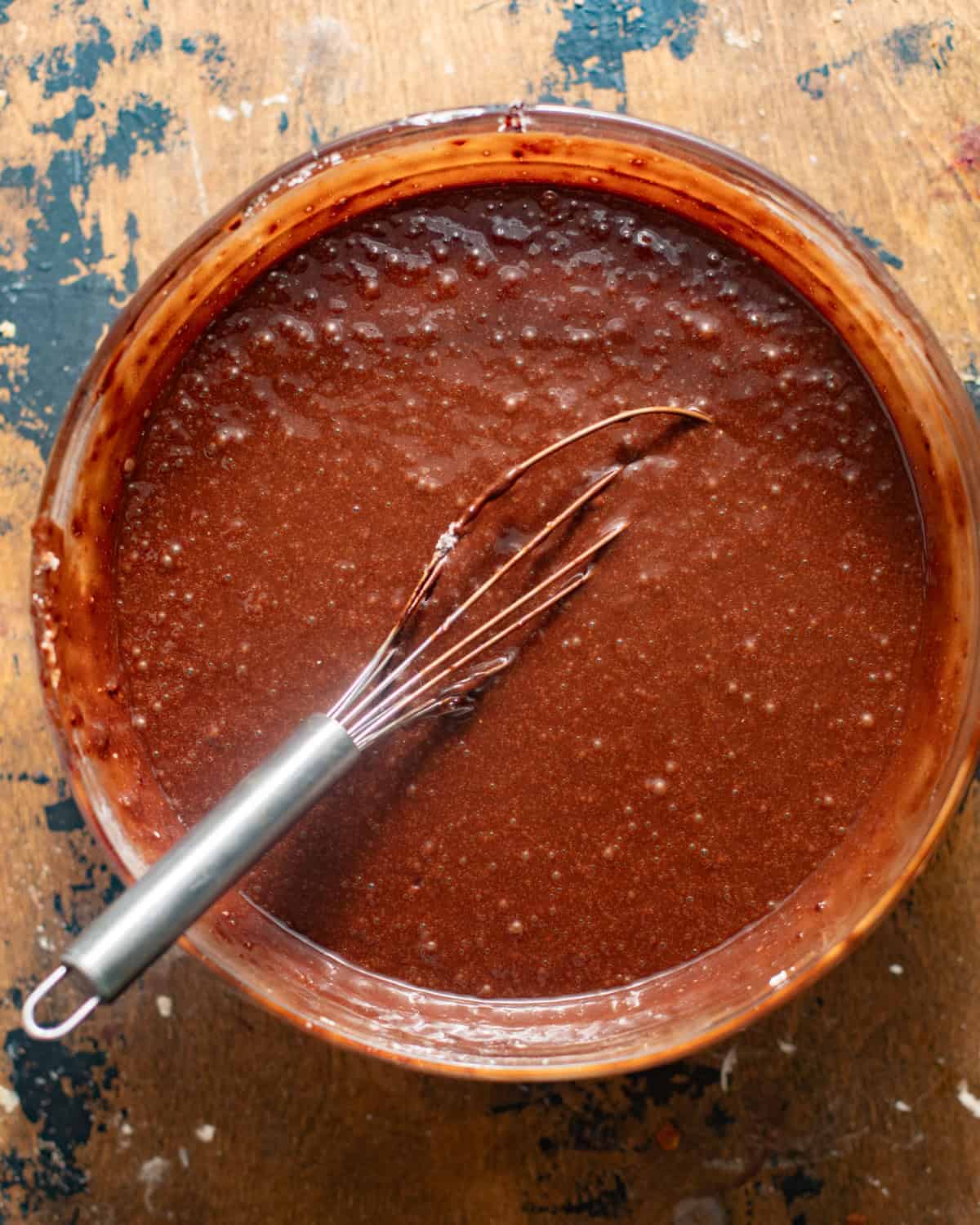 chocolate snack cake batter in a large mixing bowl.
