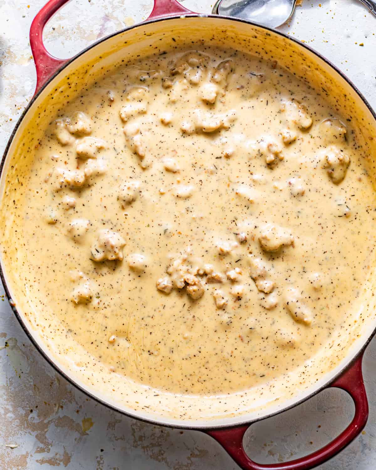sausage gravy in a pot.