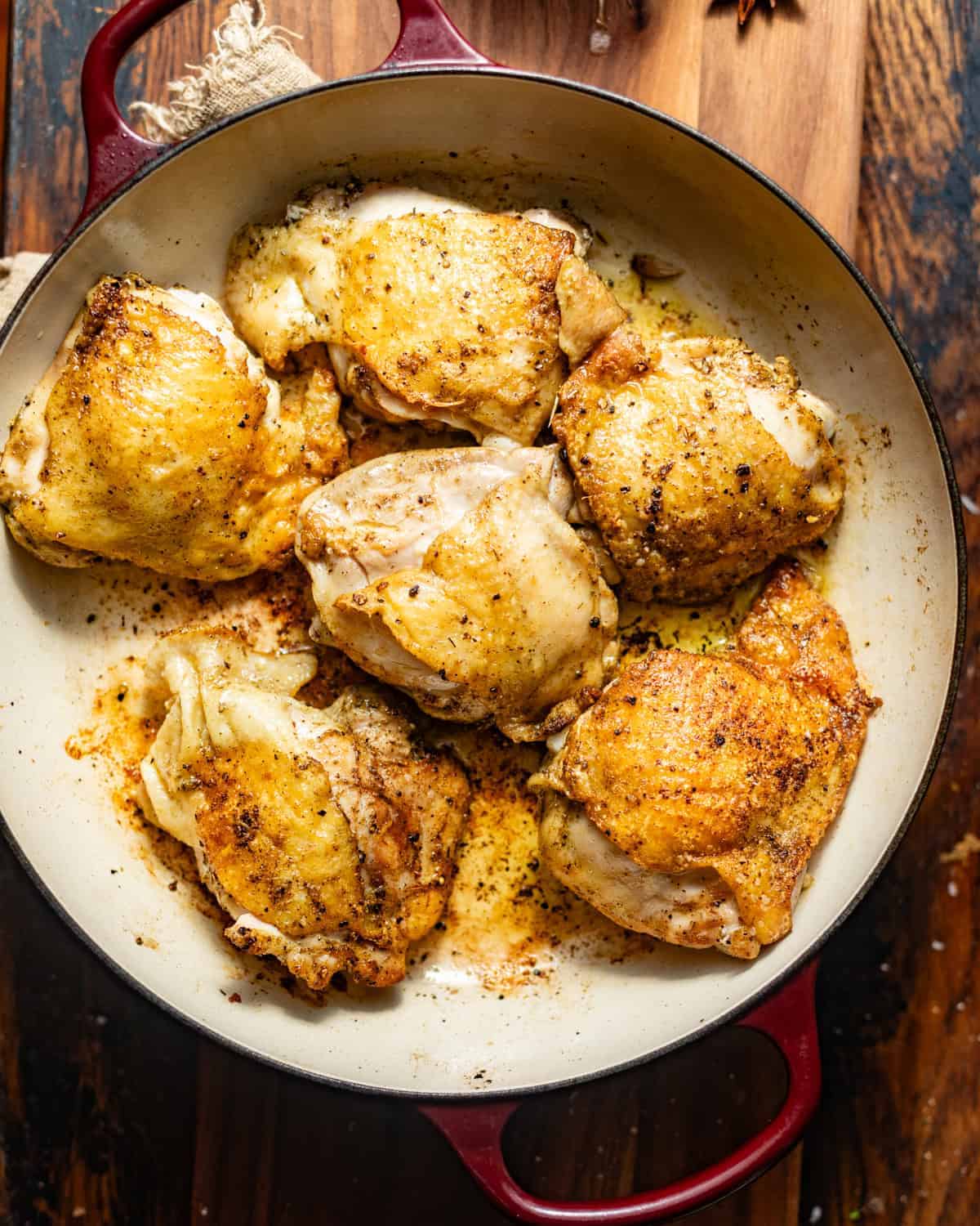 seared chicken in a skillet. 