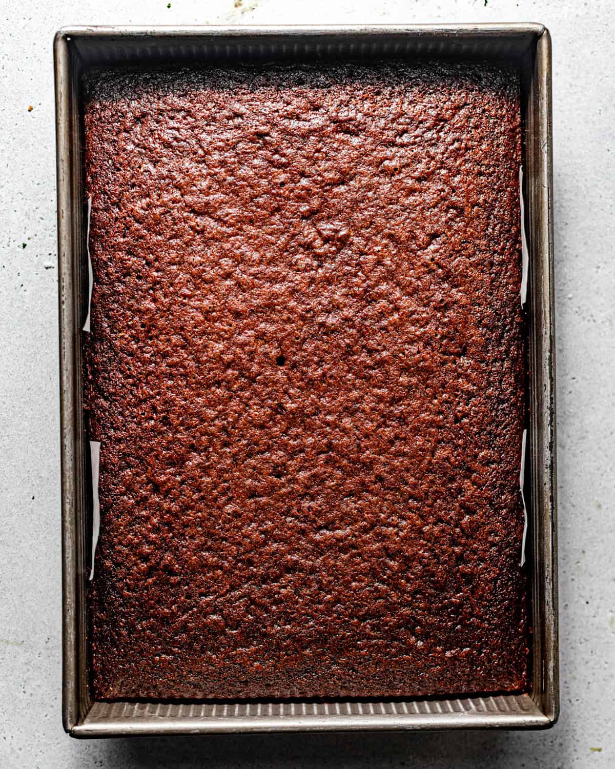 baked texas sheet cake in a baking pan.