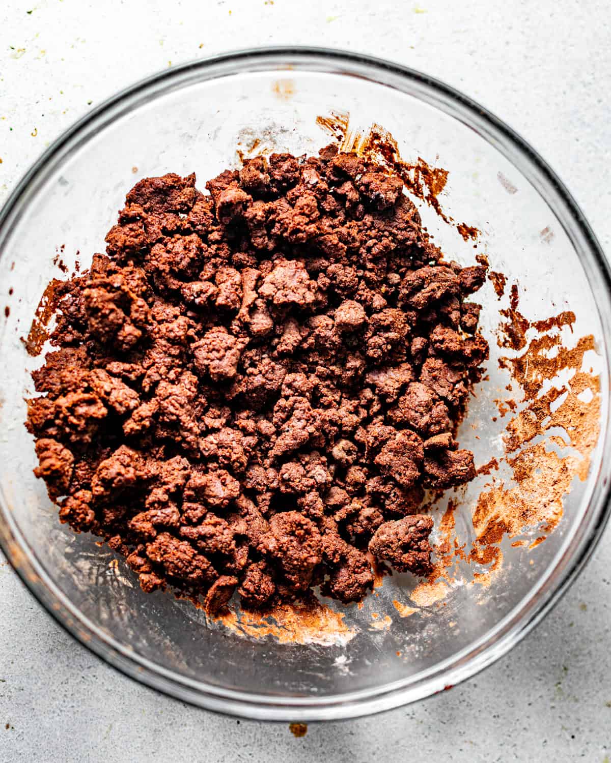 chocolate crumble topping mixed together in a bowl. 