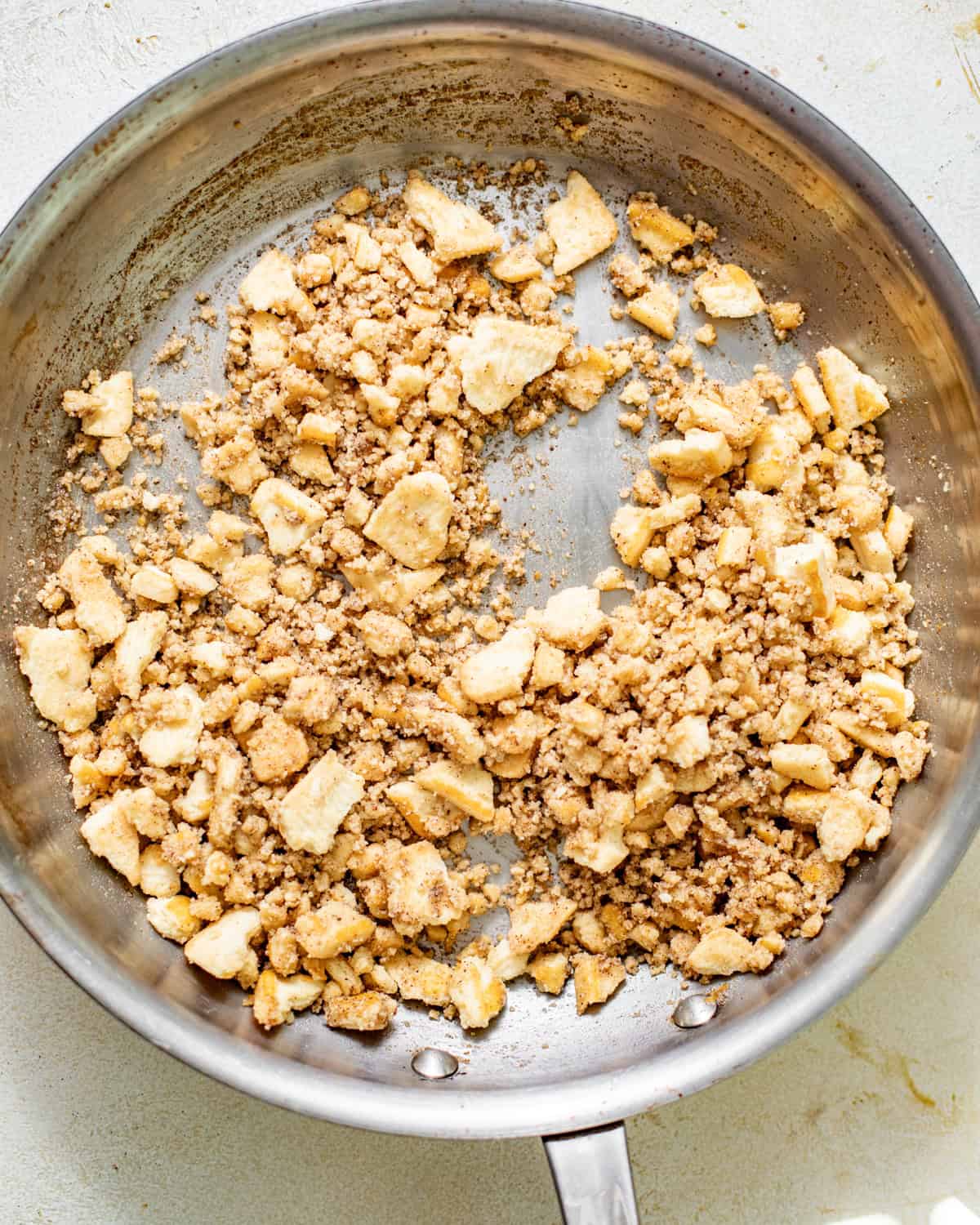 crushed nilla wafers tossed in sugar and browned butter in a skillet.