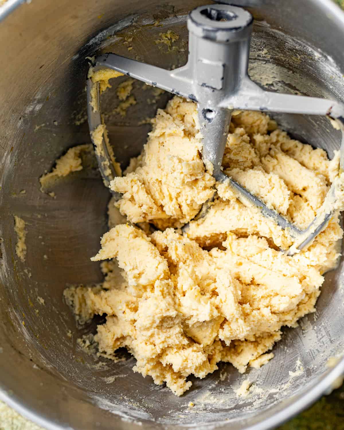 cookie dough in the bowl of a stand mixer.