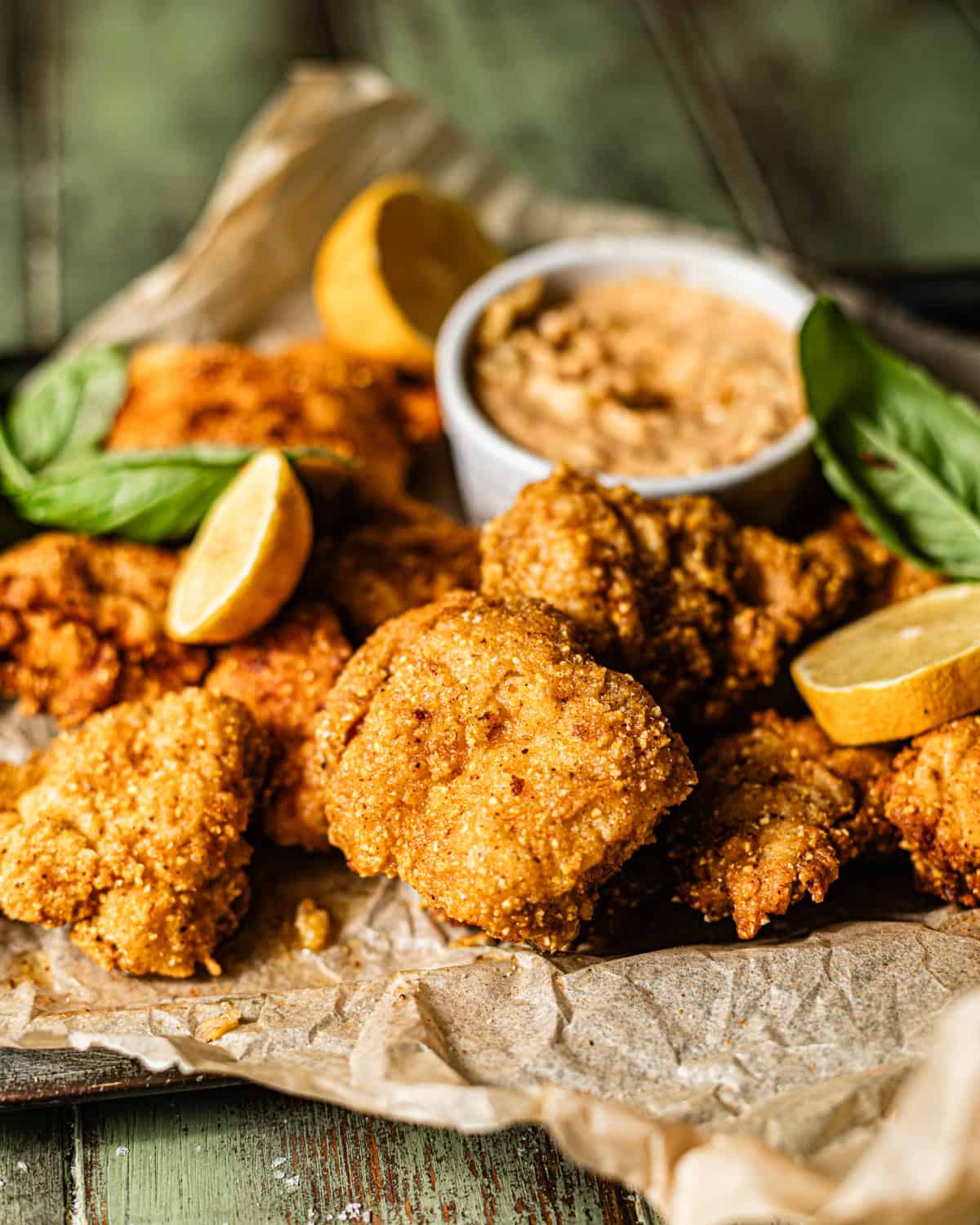 catfish nuggets in a serving tray with a bowl of Cajun tartar sauce and a lemon wedge on the side.