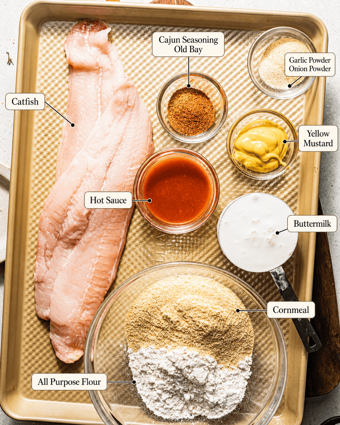 ingredients to make catfish nuggets on a baking sheet - catfish fillets, cornmeal, flour, buttermilk, yellow mustard, hot sauce, and seasonings.