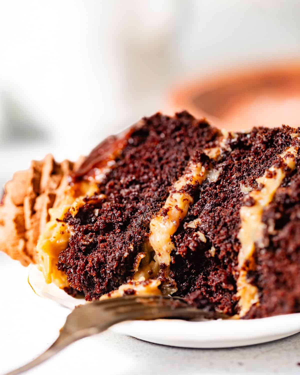 a slice of german chocolate cake on a plate.
