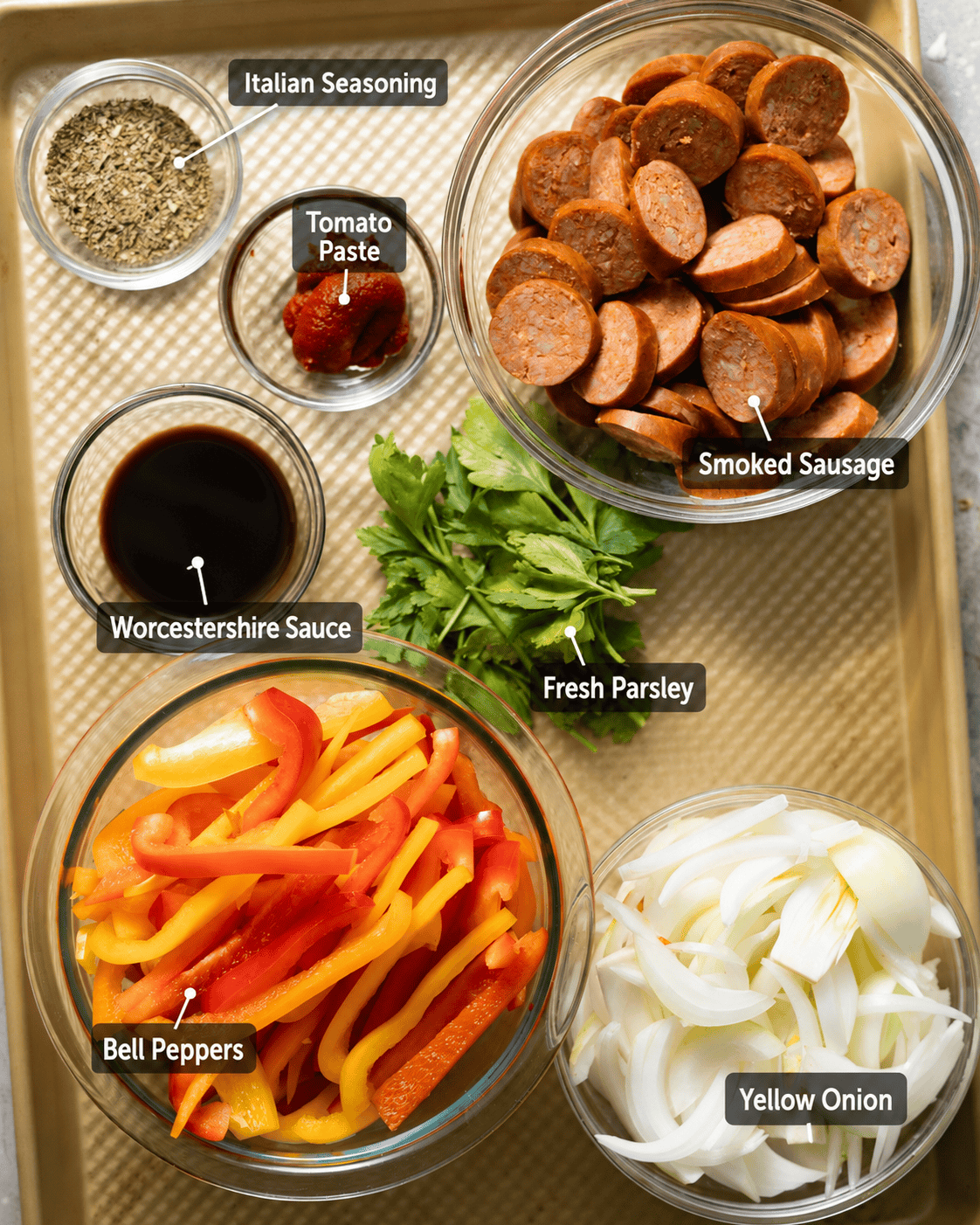 ingredients to make sausage and peppers - smoked sausage, sliced bell peppers, yellow onion, tomato paste, Worcestershire sauce, Italian seasoning, and fresh parsley with ingredient labels.