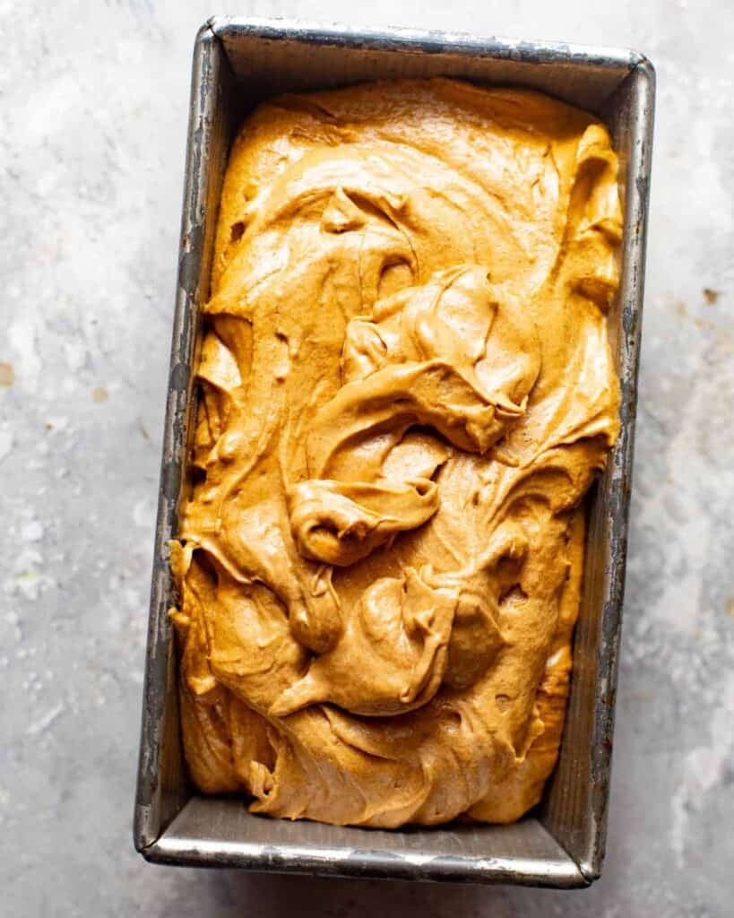 cake batter added to the loaf pan. 