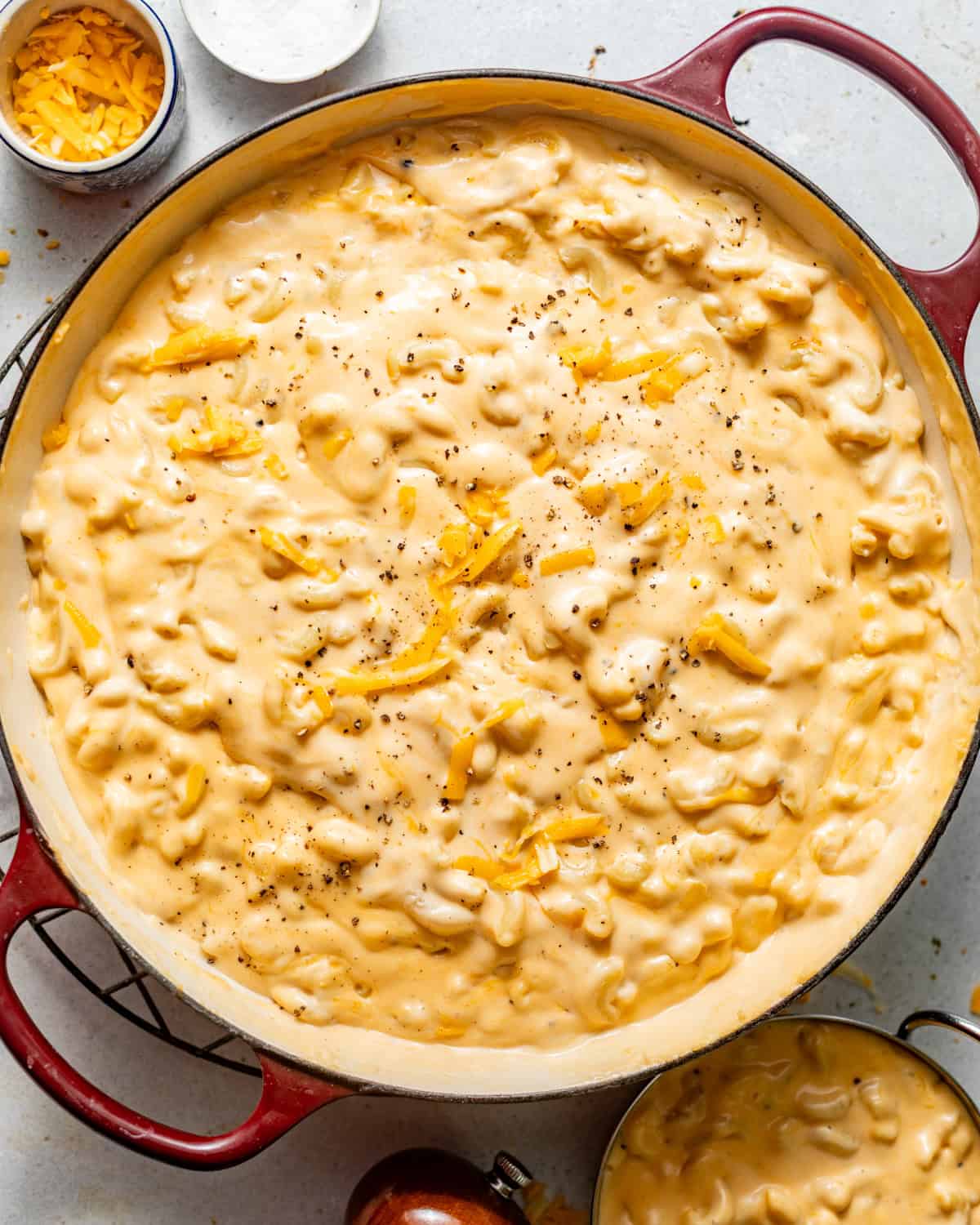 stovetop mac and cheese mixed together in a pot.
