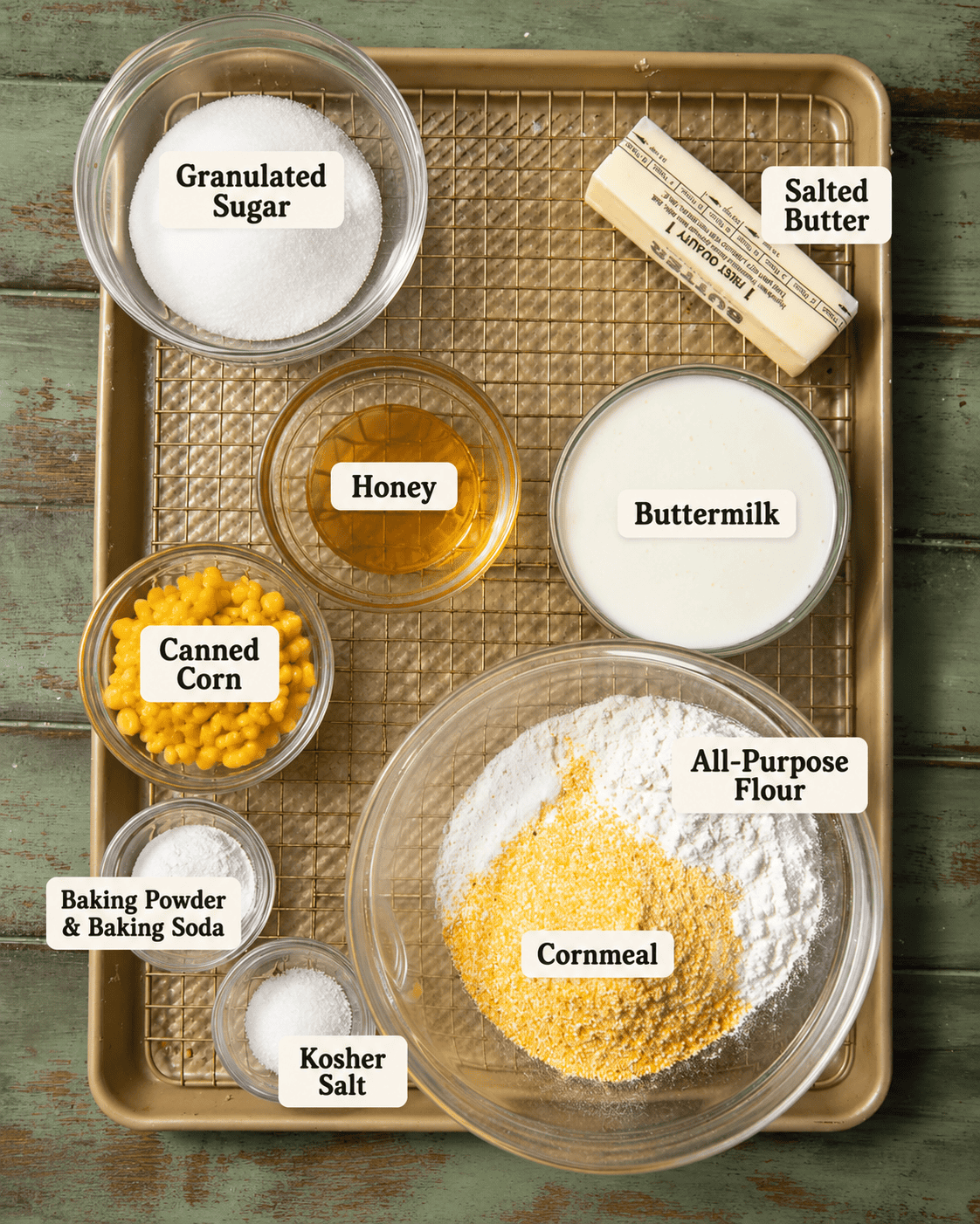 labeled ingredients for homemade cornbread biscuits, including all-purpose flour, yellow cornmeal, canned corn, buttermilk, salted butter, sugar, honey, baking powder, baking soda, and kosher salt arranged on a gold baking sheet.
