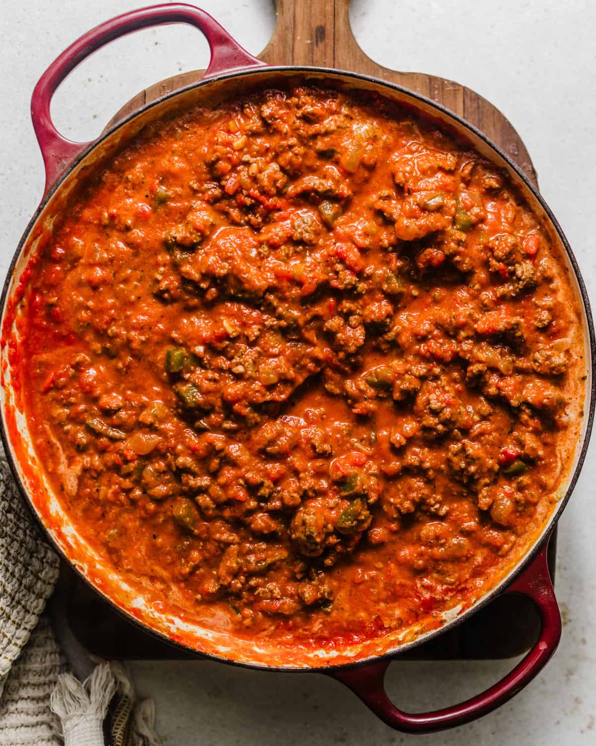 meat sauce assembled in a pot.