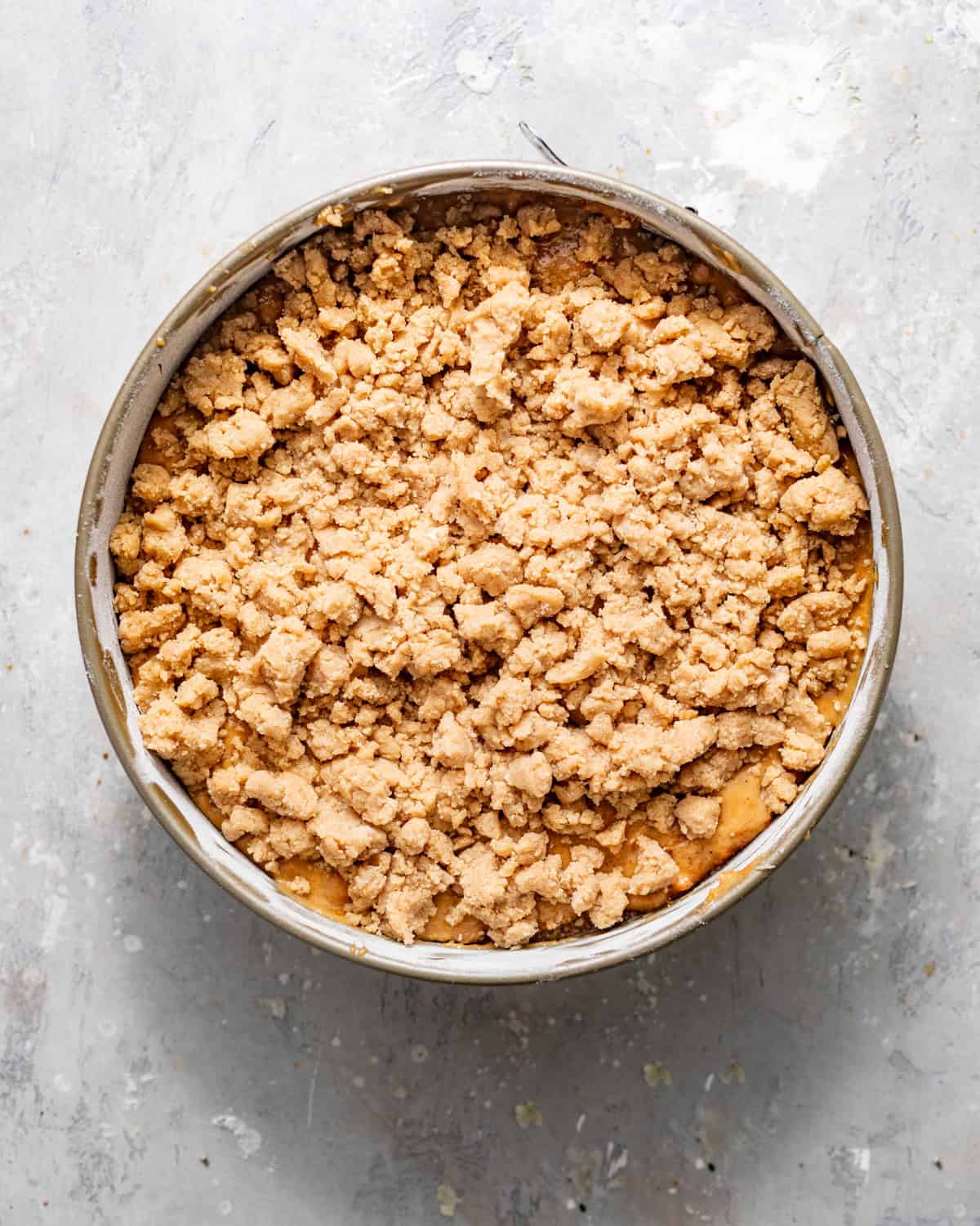 sweet potato coffee cake in a springform pan topped with cinnamon streusel.